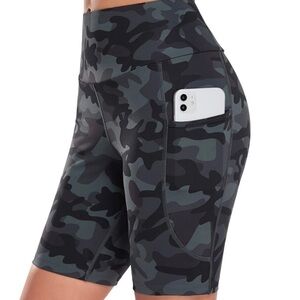 Firstway NWT High Waist Gray Camo Athletic Biker Shorts Side Pockets Size-M